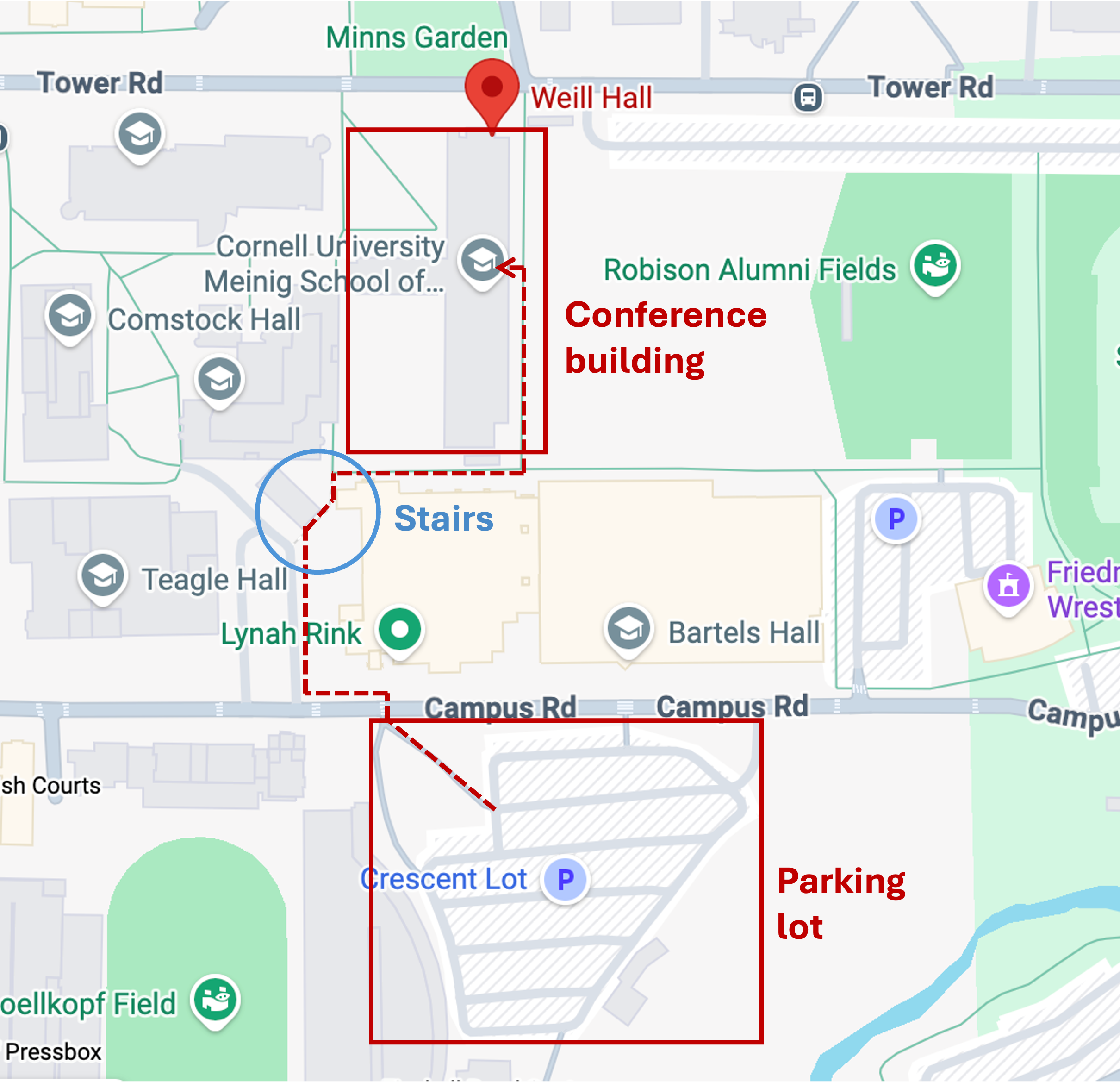 Walking map from Crescent Lot to Weill Hall